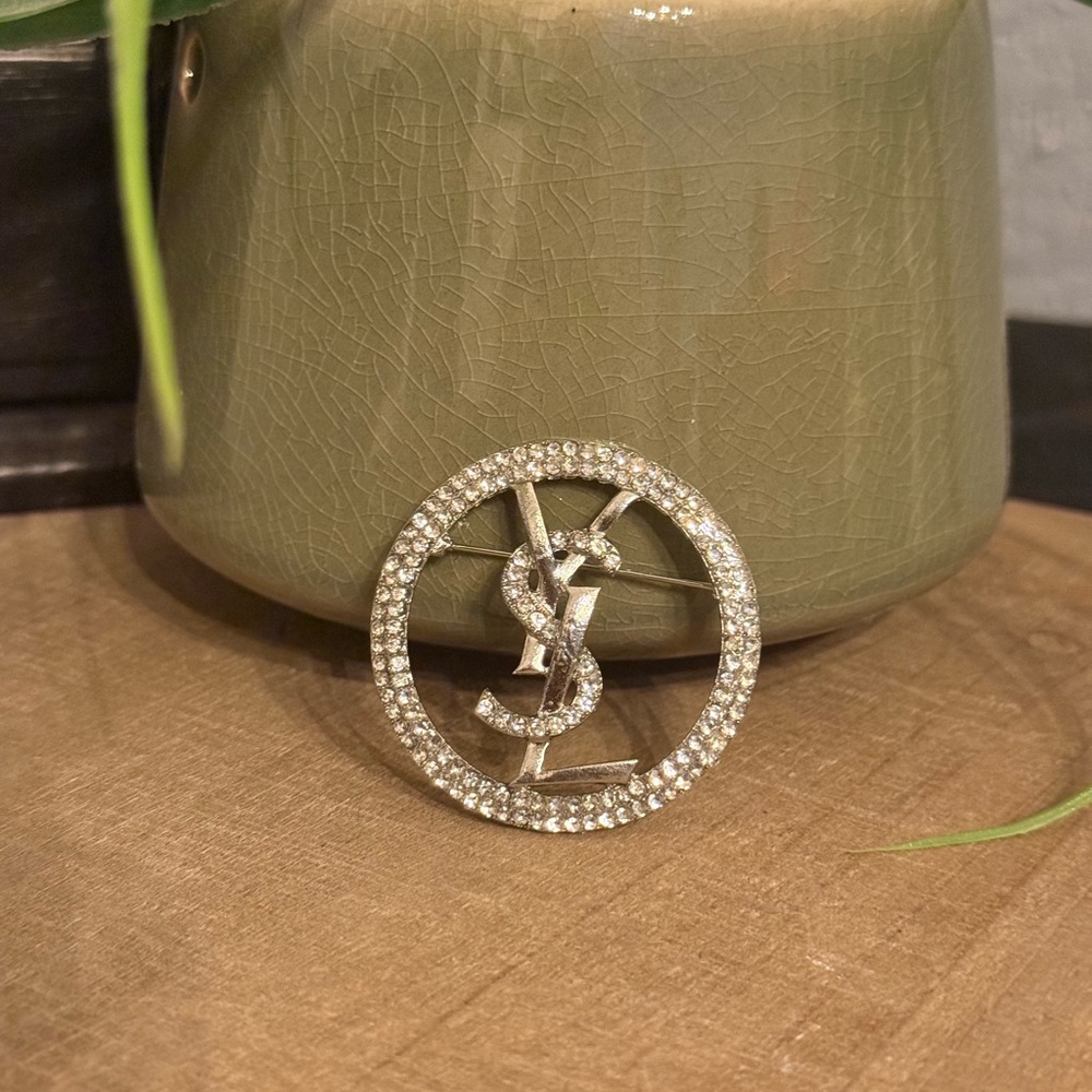 Rhinestone Monogram Circle Brooch - image 7